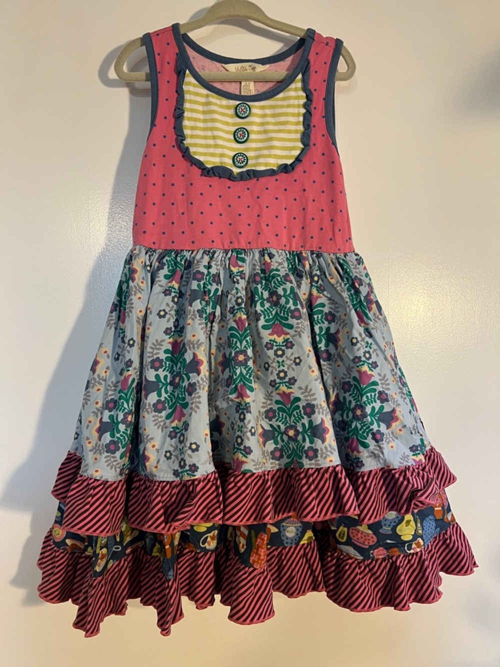 Matilda Jane Pink Polka Dot and Floral Tiered Dress with Yellow Stripe Bodice